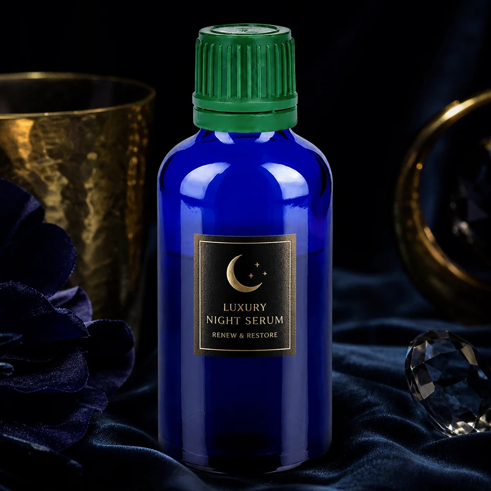 Flacon 50ml 11mm SV vert OV BlueLine UT18/50 Flacon en verre de pharmacie de 50 ml bleu cobalt intense avec bouchon SV vert professionnel