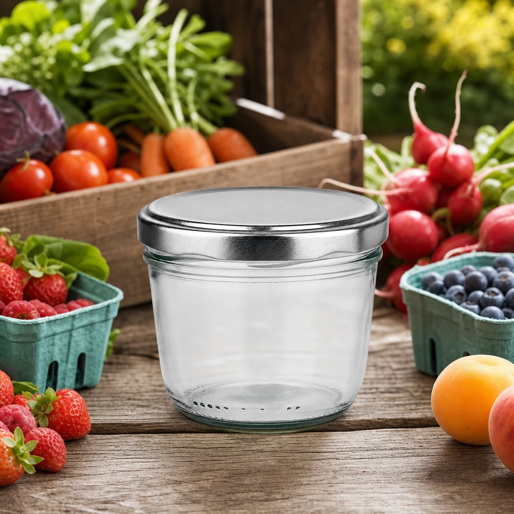 230ml verre renversé argent BasicSeal couvercle entre fruits frais légumes sur table en bois Outdoor scène de cuisine naturelle