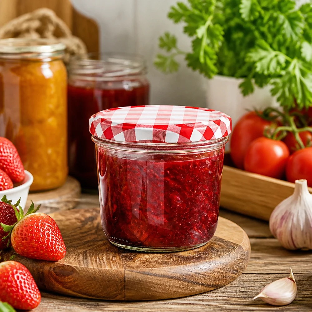 Verre renversé 230ml dans scène de cuisine rempli de confiture de fraises et couvercle BasicSeal à carreaux rouges et blancs