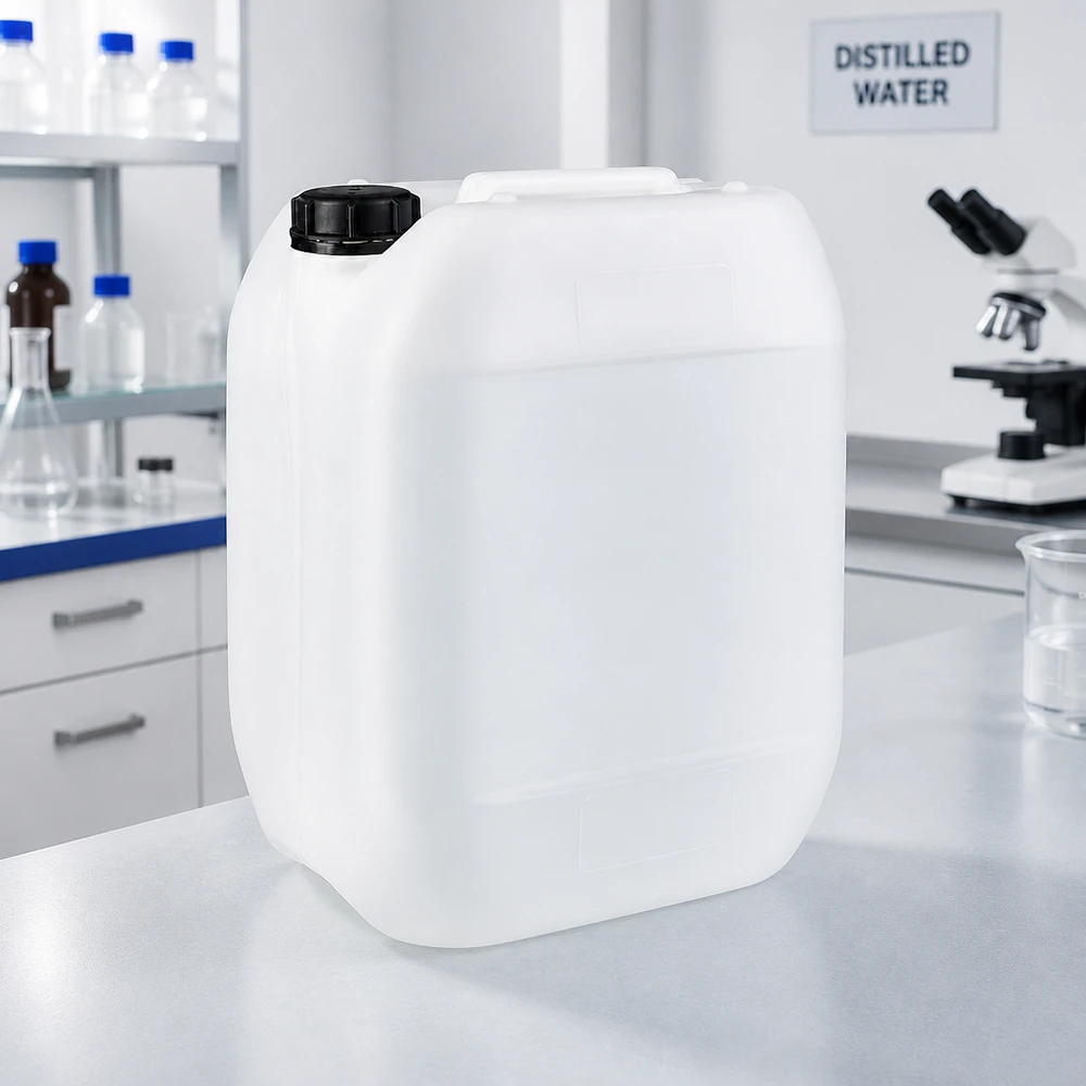 Bidon transparent de 10 litres avec un couvercle noir, posé sur un plan de travail blanc de laboratoire