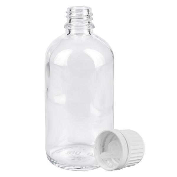 100ml flacon compte-gouttes 0.7mm blanc OV ClearLine UT18/100 Flacon compte-gouttes transparent de 100 ml en verre transparent, muni d'un bouchon à vis blanc et d'un dispositif d'inviolabilité