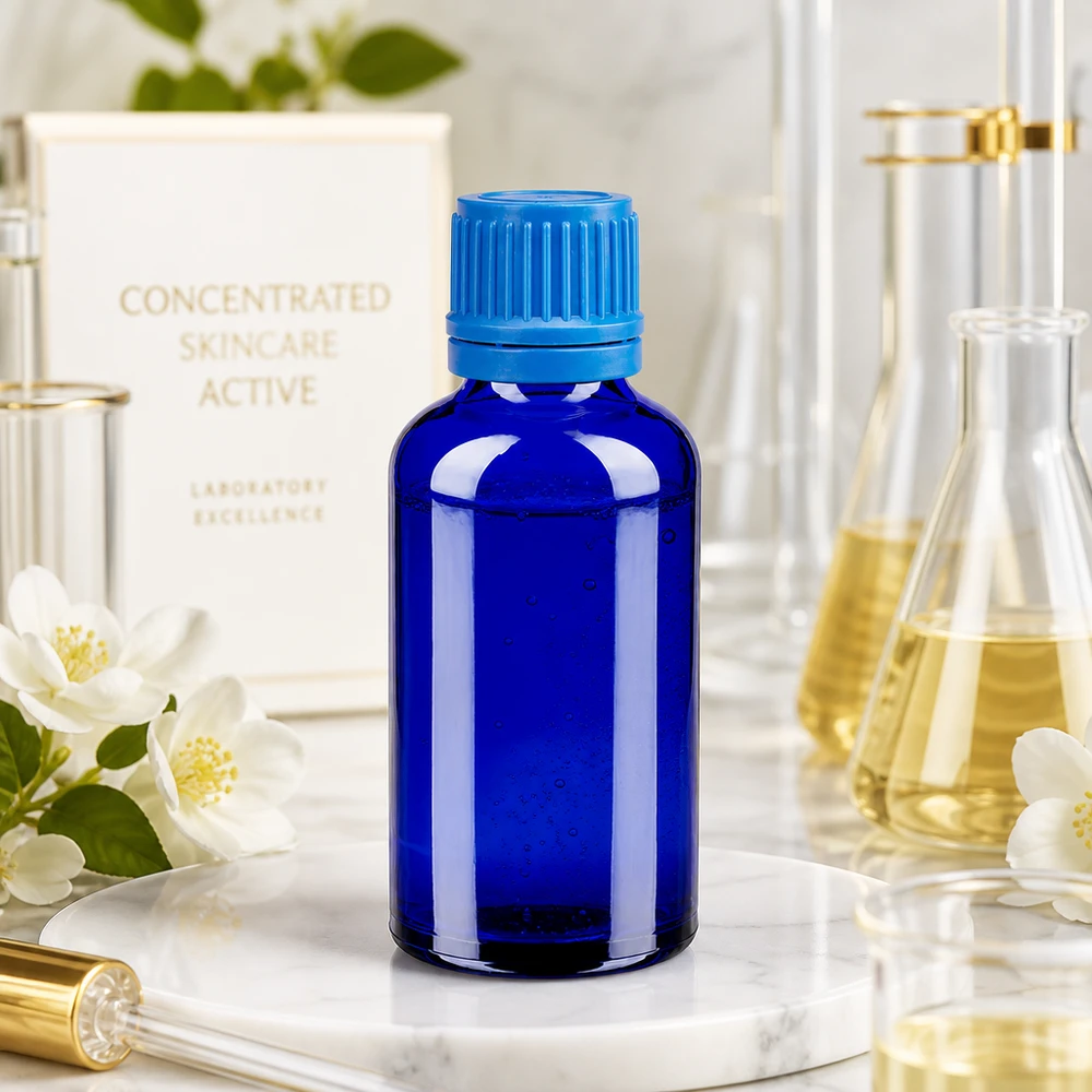 Flacon 50ml 11mm SV bleu OV BlueLine UT18/50 Flacon professionnel de 50 ml bleu cobalt avec bouchon rainuré pour un dosage précis