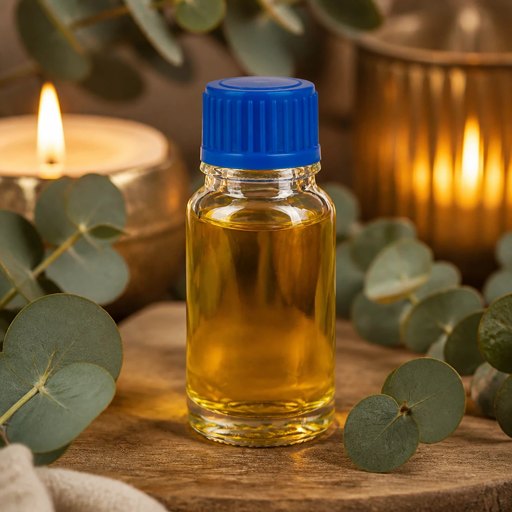 Petit flacon en verre de 10 ml avec un bouchon bleu, entouré de feuilles d'eucalyptus et de bougies
