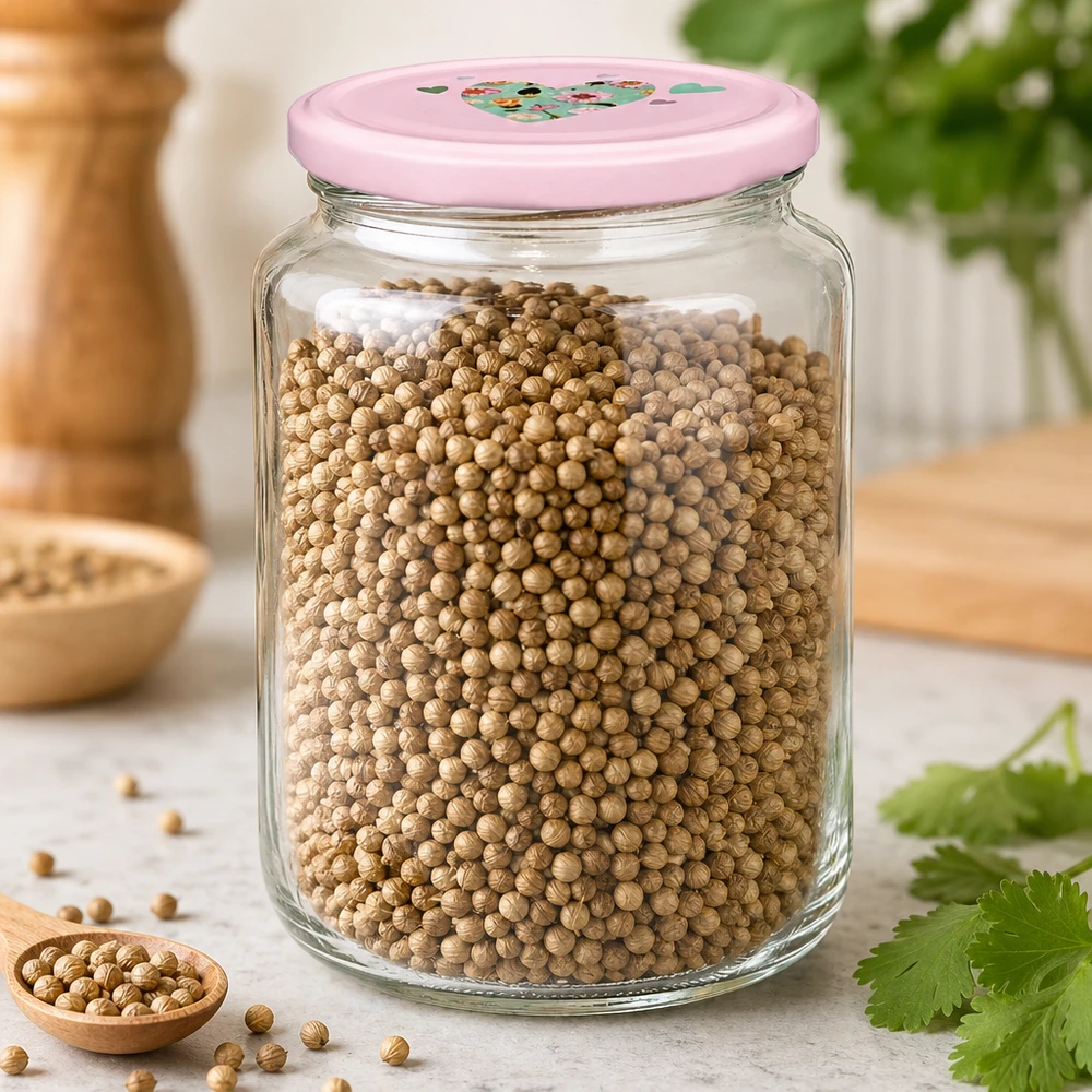 Pot rond 795 ml + couvercle BasicSeal rose cur UNiTWIST Rundglas 795ml mit rosa Herzdeckel gefüllt mit Koriandersamen Gewürzaufbewahrung Vorratsglas für Küchenkräuter