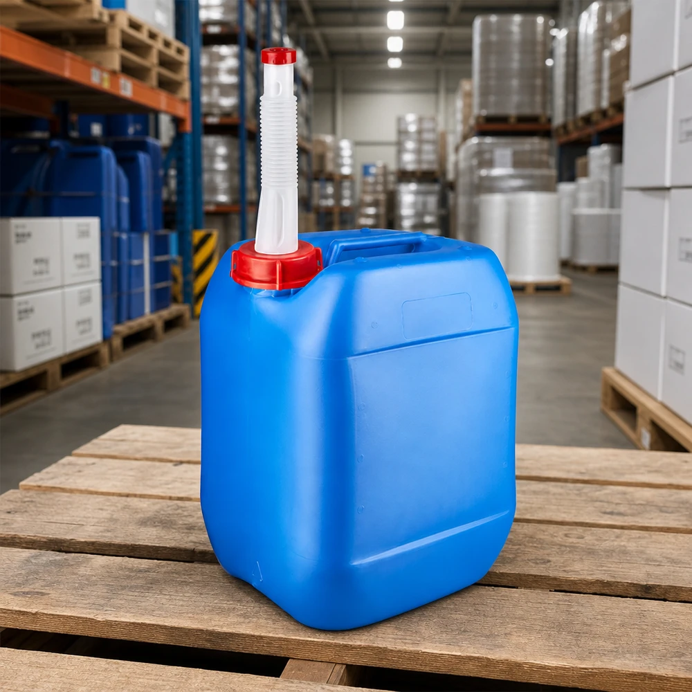 Bidon 10 litres bleu avec tube flexible Bidon en plastique de 10 L, bleu, adapté au contact alimentaire, avec bec verseur flexible, sur palette en bois