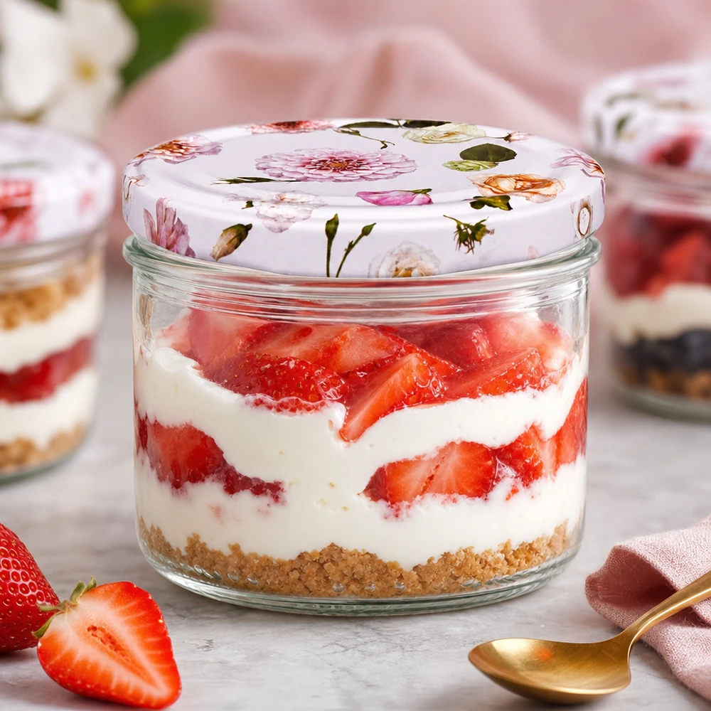 Dessert aux fraises en pot cylindrique de 230ml avec couvercle BasicSeal Fleur rose - Dessert en couches avec fraises fraîches