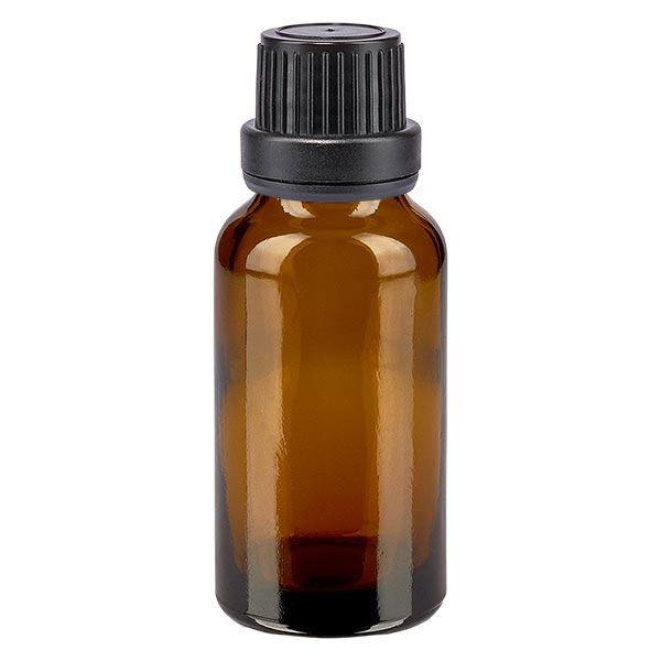 Flacon en verre brun de 20ml fermé par un bouchon vissable noir.