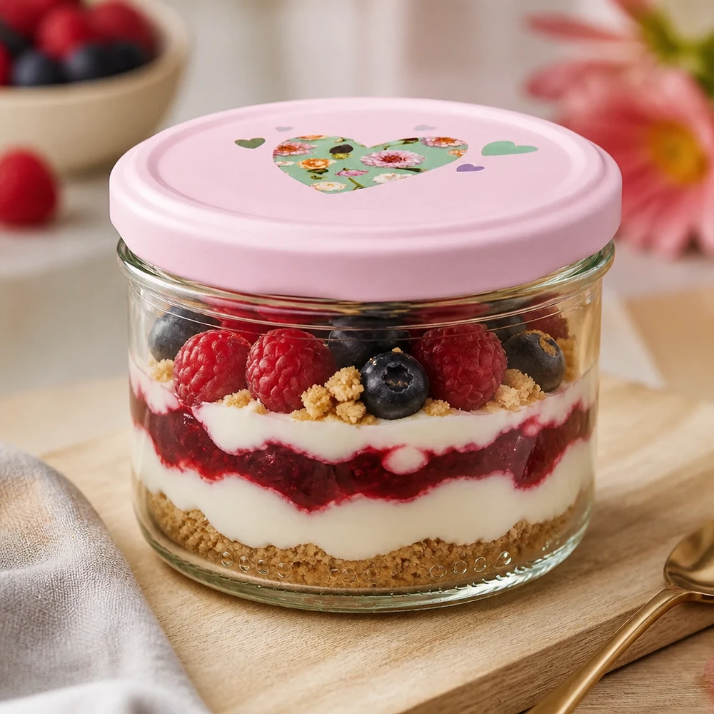 Pot cylindrique de 230 ml + couvercle BasicSeal rose cur Pot de 230ml rempli de petits fruits rouges, couvercle en forme de cœur rose, pratique pour la préparation des repas et des desserts