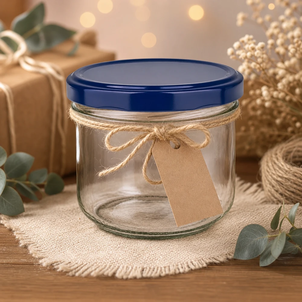 260ml Verre conique avec couvercle BasicSeal bleu UNiTWIST Verre renversé de 260 ml avec couvercle bleu UNiTWIST, décoré avec un ruban de jute et une étiquette cadeau.