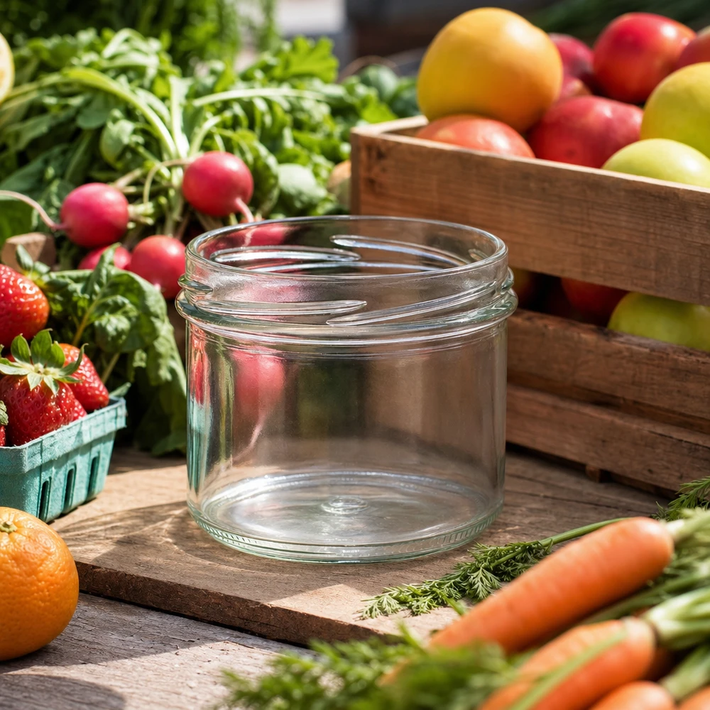 UNiTWIST Sturz225 - Verre renversé contenu 225ml TO82 UNiTWIST Sturz225 Verre renversé 225ml TO82 vide sur table en bois avec fruits et légumes frais pour la mise en conserve et la conservation