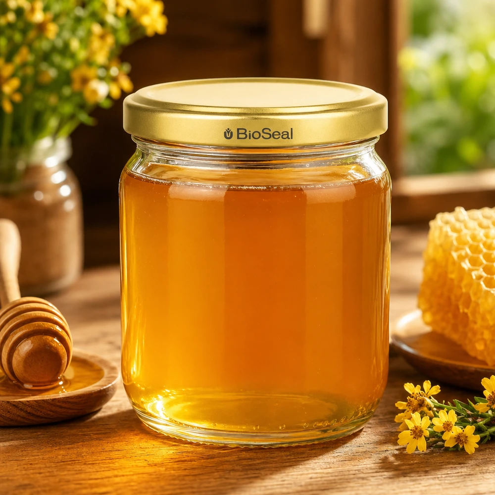 Pot de miel BioSeal de 500g avec couvercle doré rempli de miel à côté d'un nid d'abeille et d'une cuillère à miel sur une table en bois