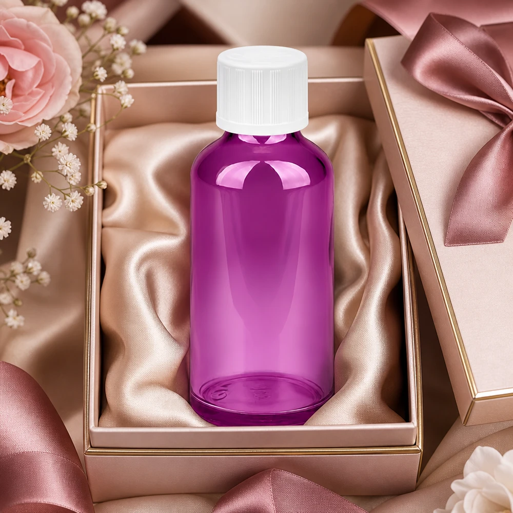 Flacon compte-gouttes 50ml 1.2mm blanc standard sécurité enfant PurpleLine.UT18/50 Flacon de 50ml avec compte-gouttes, pourpre élégant, pour l'aromathérapie et la cosmétique naturelle.