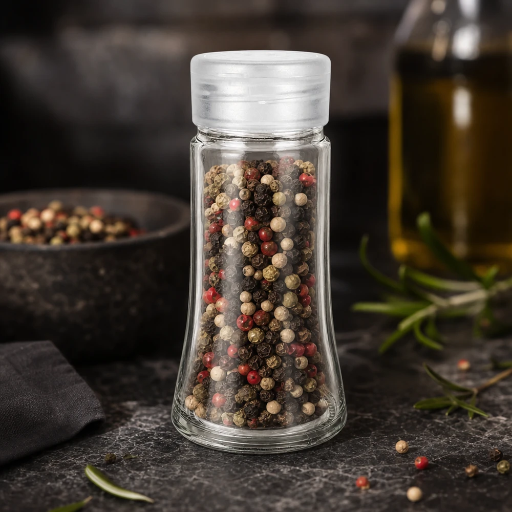 Pot à sel/épices 95 ml avec saupoudreuse, blanc Mélange de poivres dans un bocal à épices de 95 ml muni d'un couvercle saupoudreur blanc, sur fond de pierre sombre