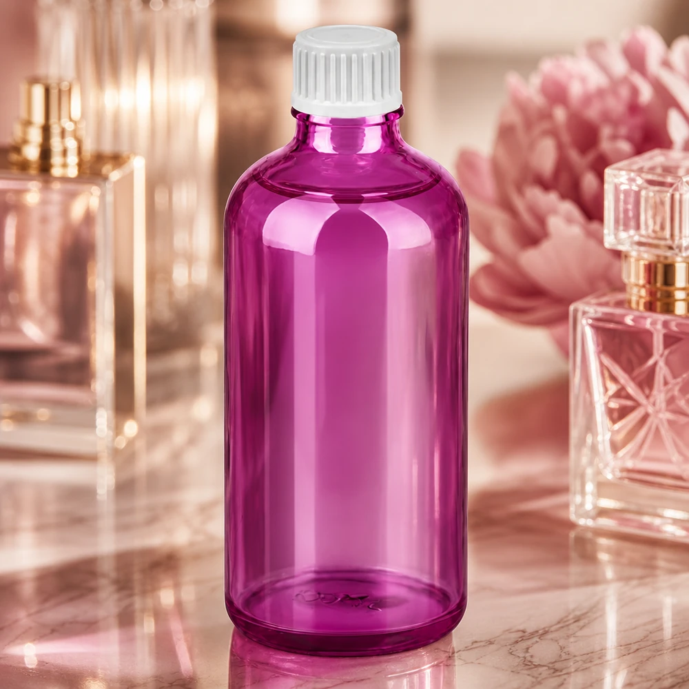Flacon compte-gouttes 100ml 0.9mm blanc standard PurpleLine UT18/100 Flacon compte-gouttes élégant de couleur violette avec bouchon blanc à visser pour les produits de beauté et de bien-être