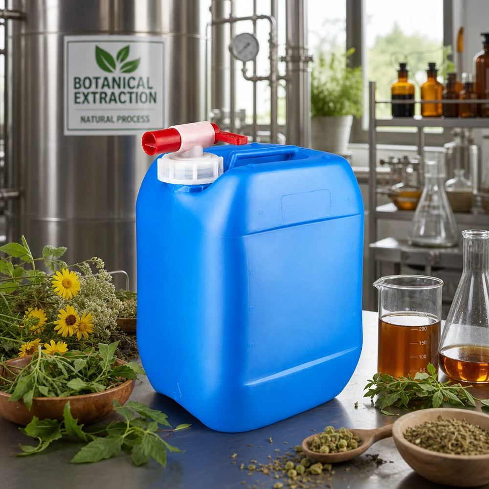 Bidon 10 litres bleu avec robinet Bidon bleu de 10 litres, adapté au contact alimentaire, muni d'un robinet, pour les extraits végétaux et les huiles