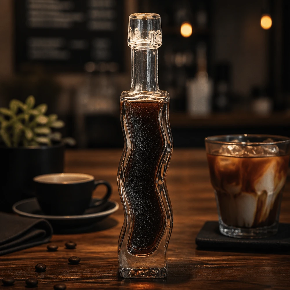 Bouteille en verre Anna de 40 ml remplie de sirop de café foncé Ambiance café Table en bois Exemple d'utilisation Accessoires pour barista