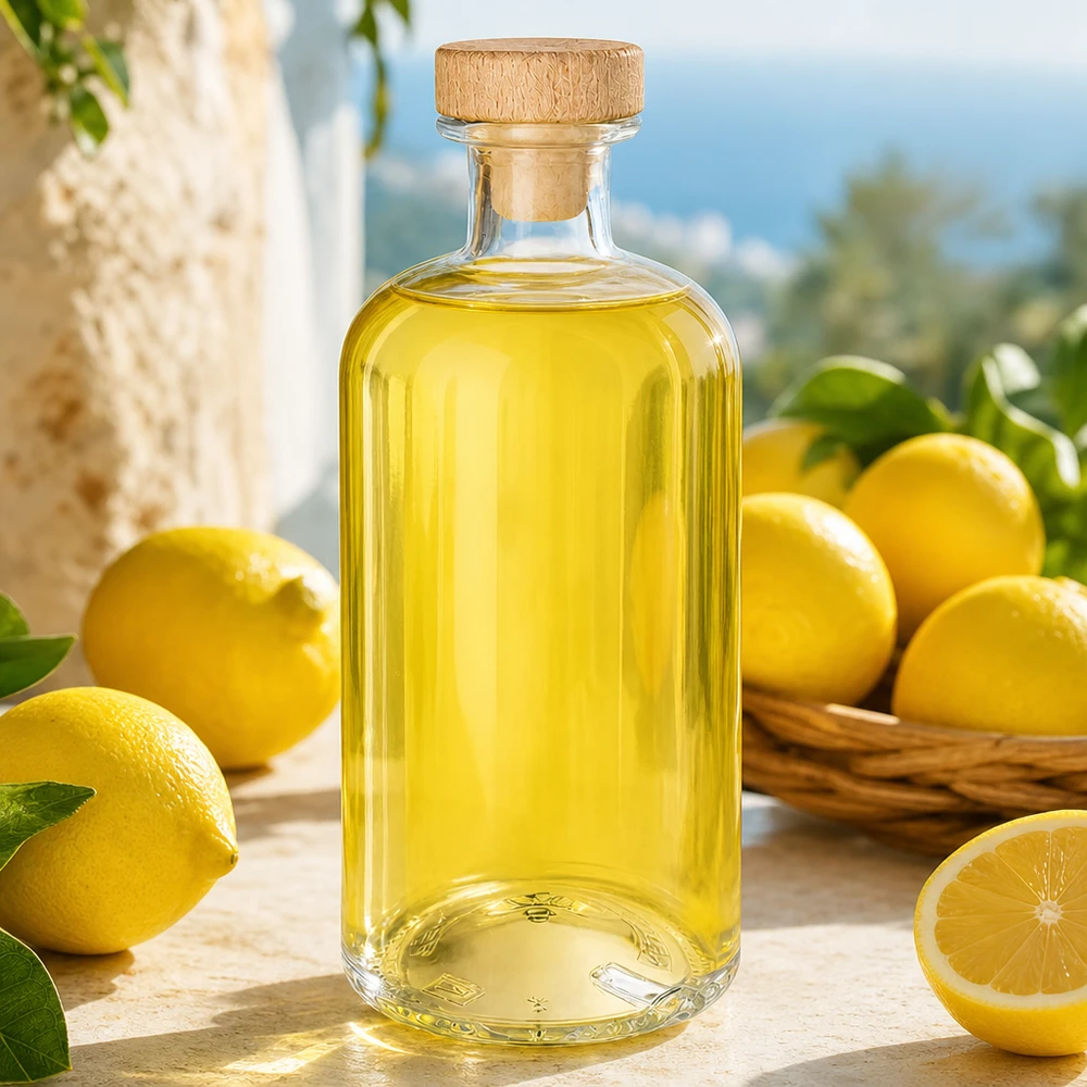 Flacon à pharmacie « Flora » 500 ml avec bouchon en bois UNiTWIST® Bouteille en verre Flora 500ml avec bouchon en bois remplie de liquide jaune entre des citrons frais sur une table en bois