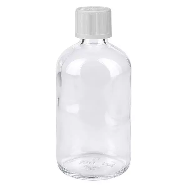 Flacon de pharmacie clair 100ml bouchon vissable blanc sécurité enfant std