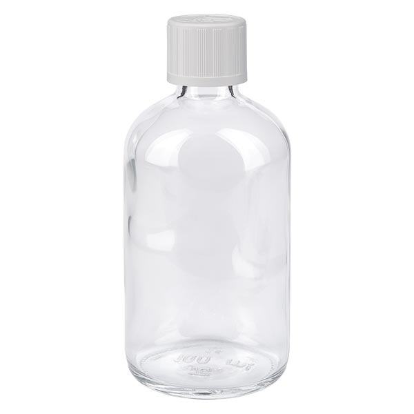 Flacon de pharmacie clair 100ml bouchon vissable blanc sécurité enfant std Flacon de pharmacie clair 100ml bouchon vissable blanc sécurité enfant std