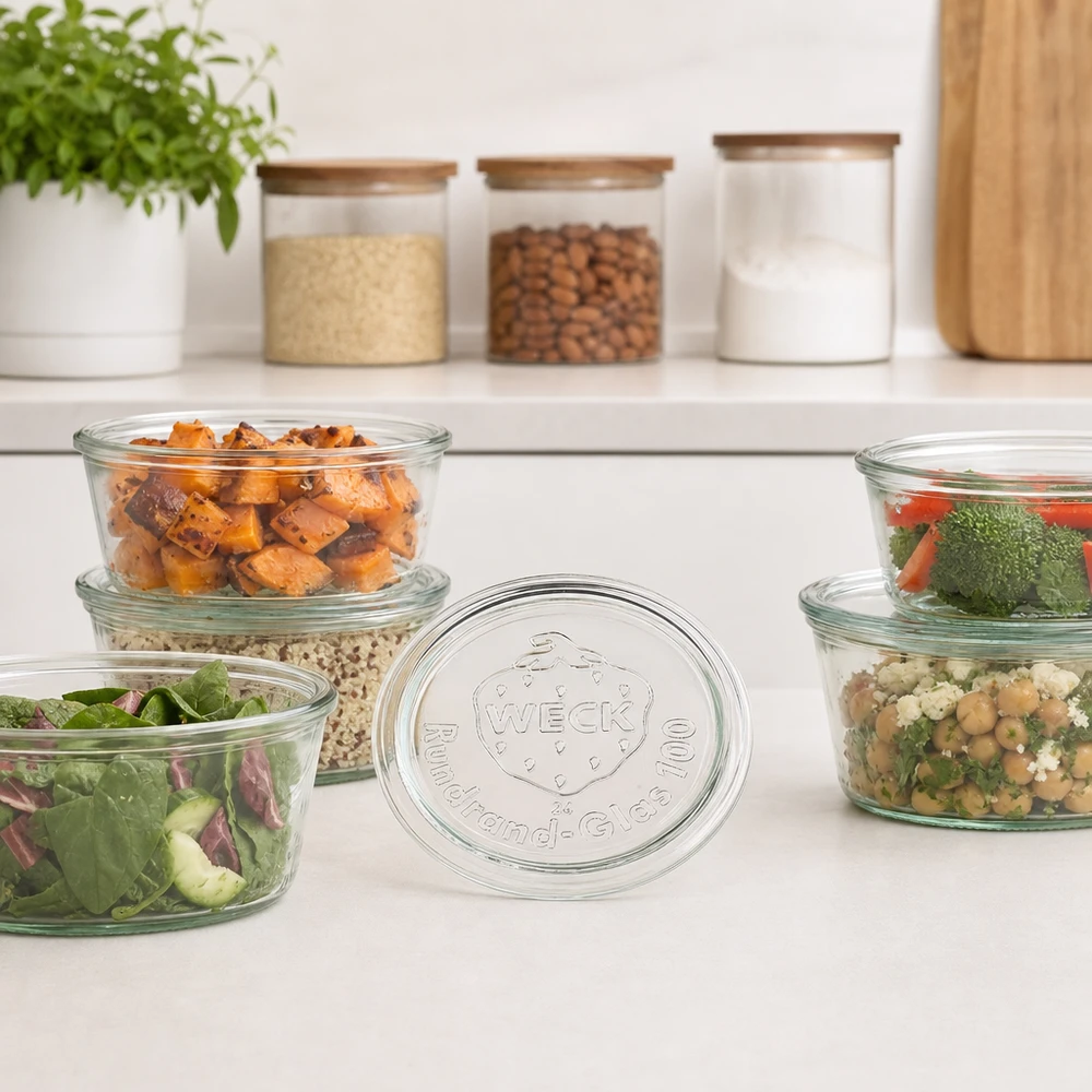 WECK Couvercle en verre RR100 pour barquettes Meal Prep avec salades et légumes préparés dans une cuisine moderne