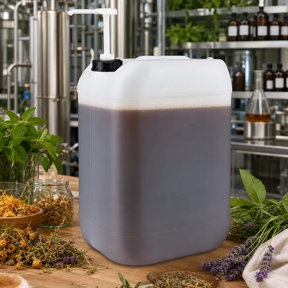 Récipient de 25 litres muni d'une pompe, entouré d'herbes aromatiques à la lavande et de fleurs séchées, posé sur une table en bois