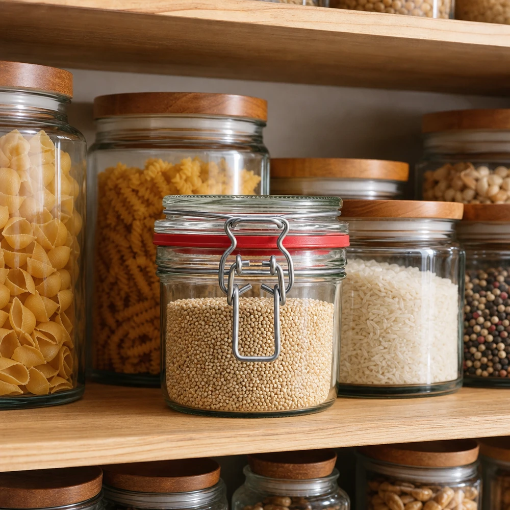 Bocal de conservation de 255 ml, type G, avec bouchon à clip UN.. Vorratsgläser 255ml in organisierter Küchenpantry mit Nudeln, Reis und Gewürzen - praktische Küchenorganisation