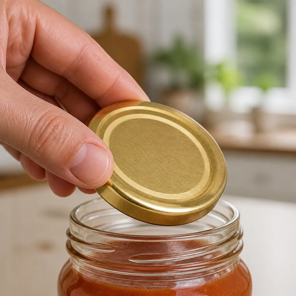 Bouchon à vis 58 mm BasicSeal doré TO58deep sur un bocal rempli de confiture