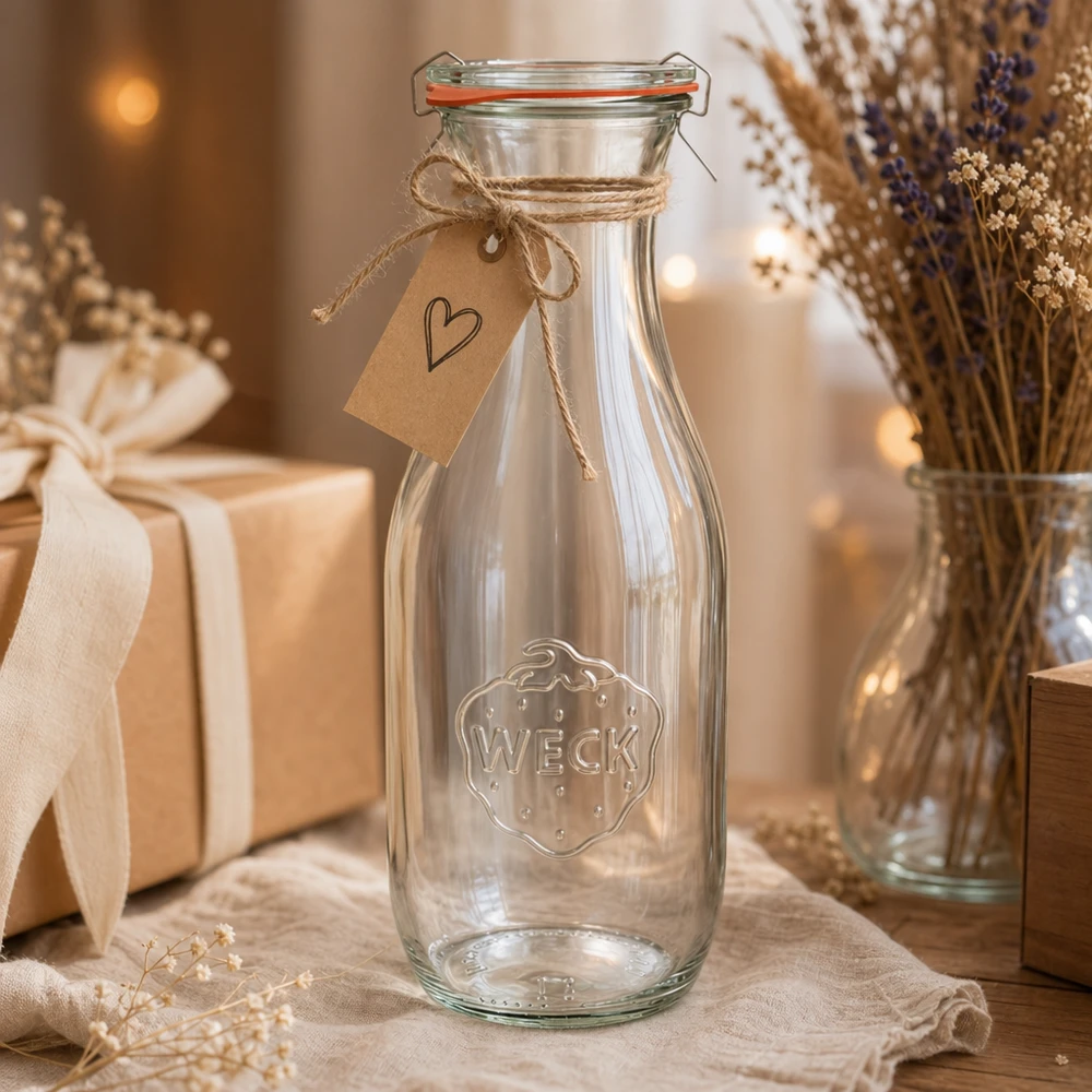 Bouteille à jus de 1 062 ml, ensemble complet WECK RR60 WECK Bouteille de jus de fruit 1062ml RR60 décorée avec une corde de jute et un pendentif en forme de cœur comme cadeau rustique mis en scène