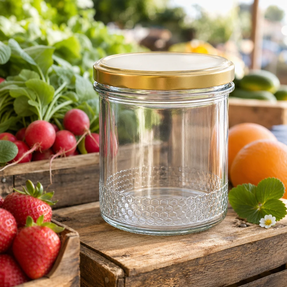 Pot de miel de 400 ml avec couvercle BasicSeal doré UNiTWIST sur caisse en bois dans le jardin entouré de fraises et de radis frais