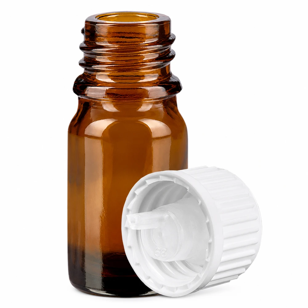Flacon compte-goutte 5ml 0.9mm blanc STD BrownLine UT18/5 Flacon compte-gouttes en verre brun de 5ml avec ouverture de goutte de 0.9mm et bouchon blanc pour une application précise