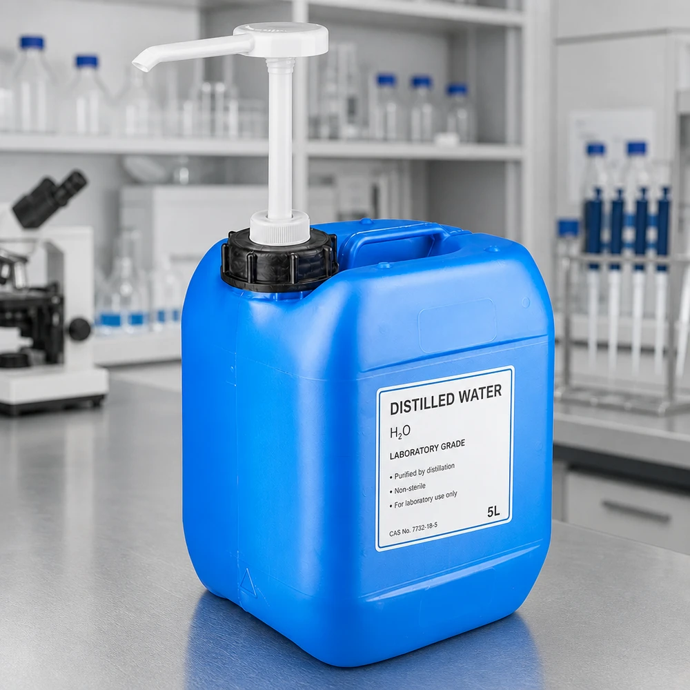 Bidon bleu en PEHD de 5 L équipé d'une pompe à tuyau blanche, posé sur une paillasse de laboratoire en acier inoxydable