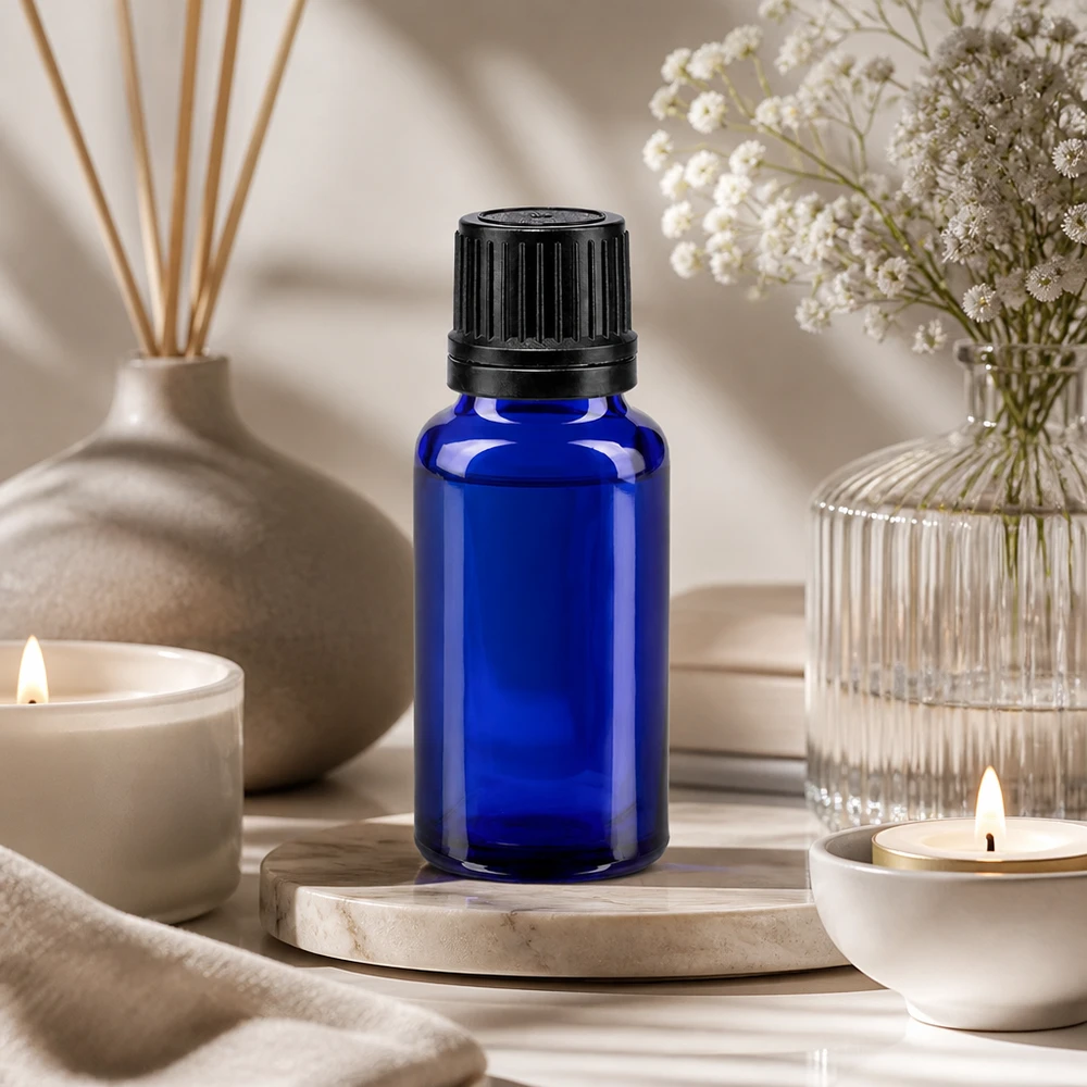 Petit flacon compte-gouttes bleu de 20 ml avec bouchon noir à sécurité enfant pour huiles essentielles