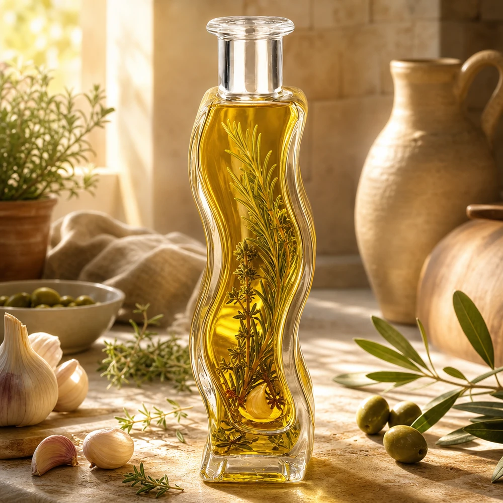 Flacon en verre « Melissa » 100 ml sans bouchon UNiTWIST® Bouteille en verre Melissa de 100 ml remplie d'huile aux herbes et de branches de romarin dans une cuisine méditerranéenne avec olives et céramique