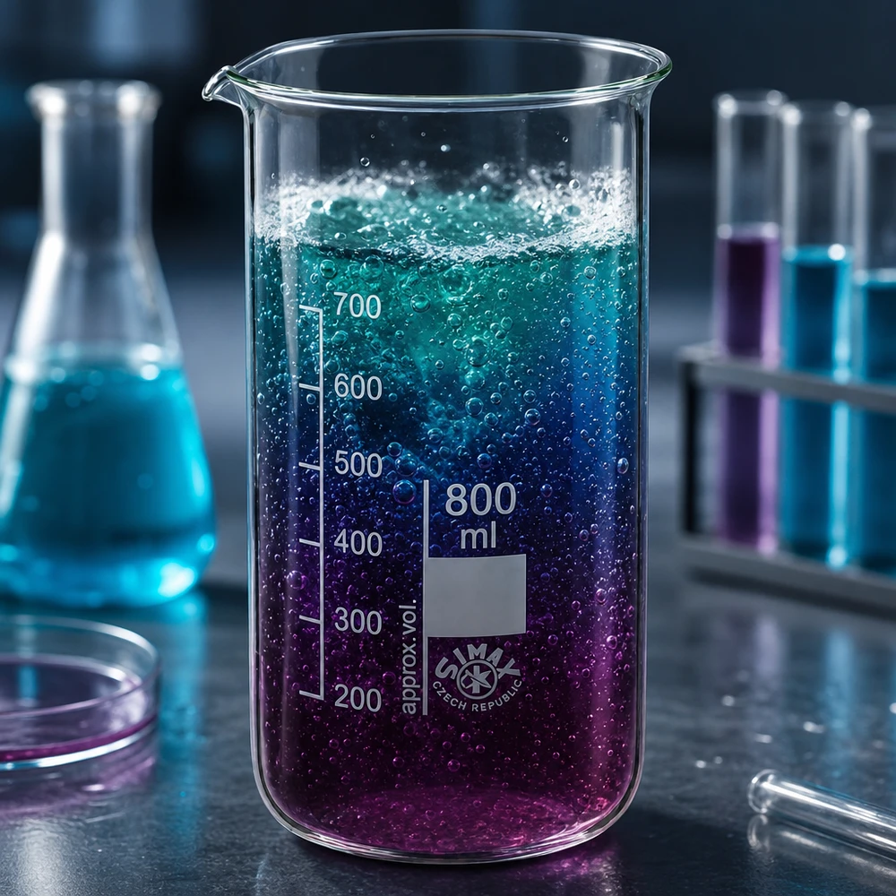 Bécher 800ml en verre borosilicate résistant à la chaleur (forme haute) Bécher haut de 800 ml en verre borosilicaté contenant un liquide de réaction mousseux de couleur turquoise-violet