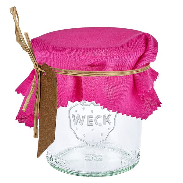 Tissu napperon pour décoratif rose 12cm carré Cache-bijoux en tissu rose 12cm carré sur bocal Weck avec étiquette marron et raphia pour couvrir la fermeture