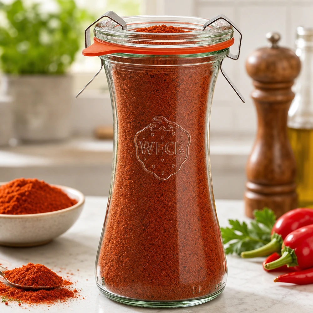 WECK Pot de conservation 100ml RR40 rempli de paprika en poudre comme pot à épices à côté des piments sur le plan de travail de la cuisine