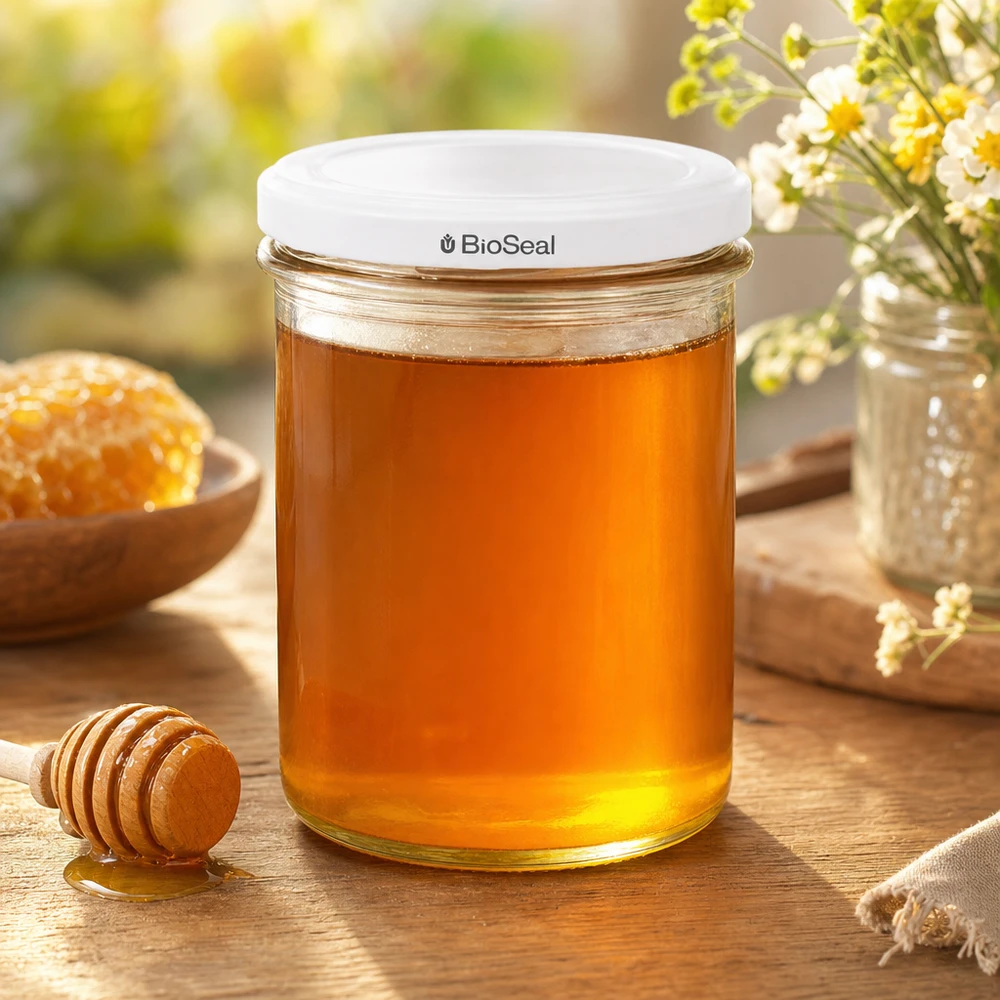350ml Verre conique avec couvercle BioSeal blanc UNiTWIST UNiTWIST Sturz350 mit weißem TO82 BioSeal Deckel gefüllt mit Honig zeigt perfekte Eignung für Marmeladen und Aufstriche