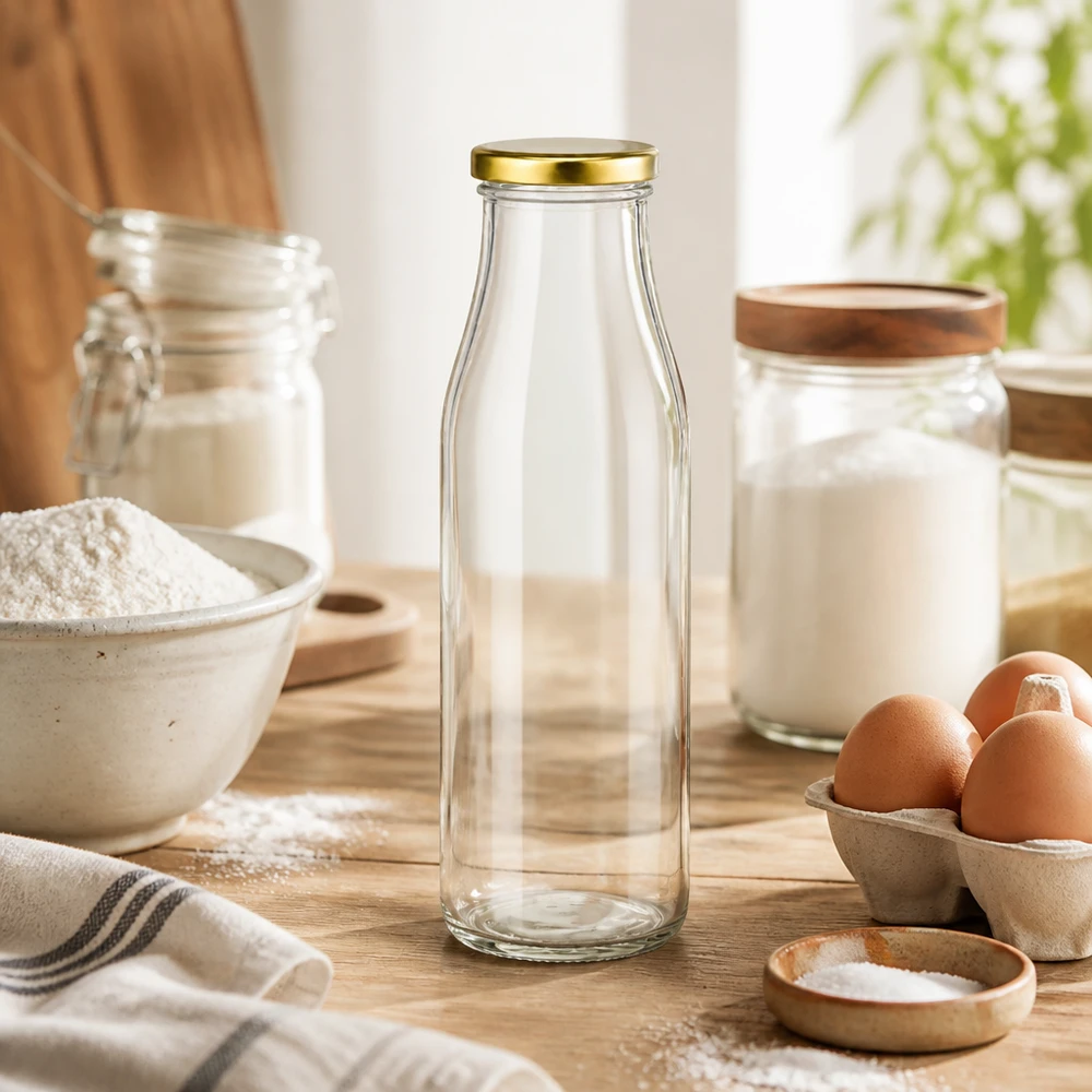 Bouteille en verre de 500ml BasicSeal couvercle doré dans la boulangerie avec farine oeufs verre de lait sur plan de travail en bois ustensiles de cuisine
