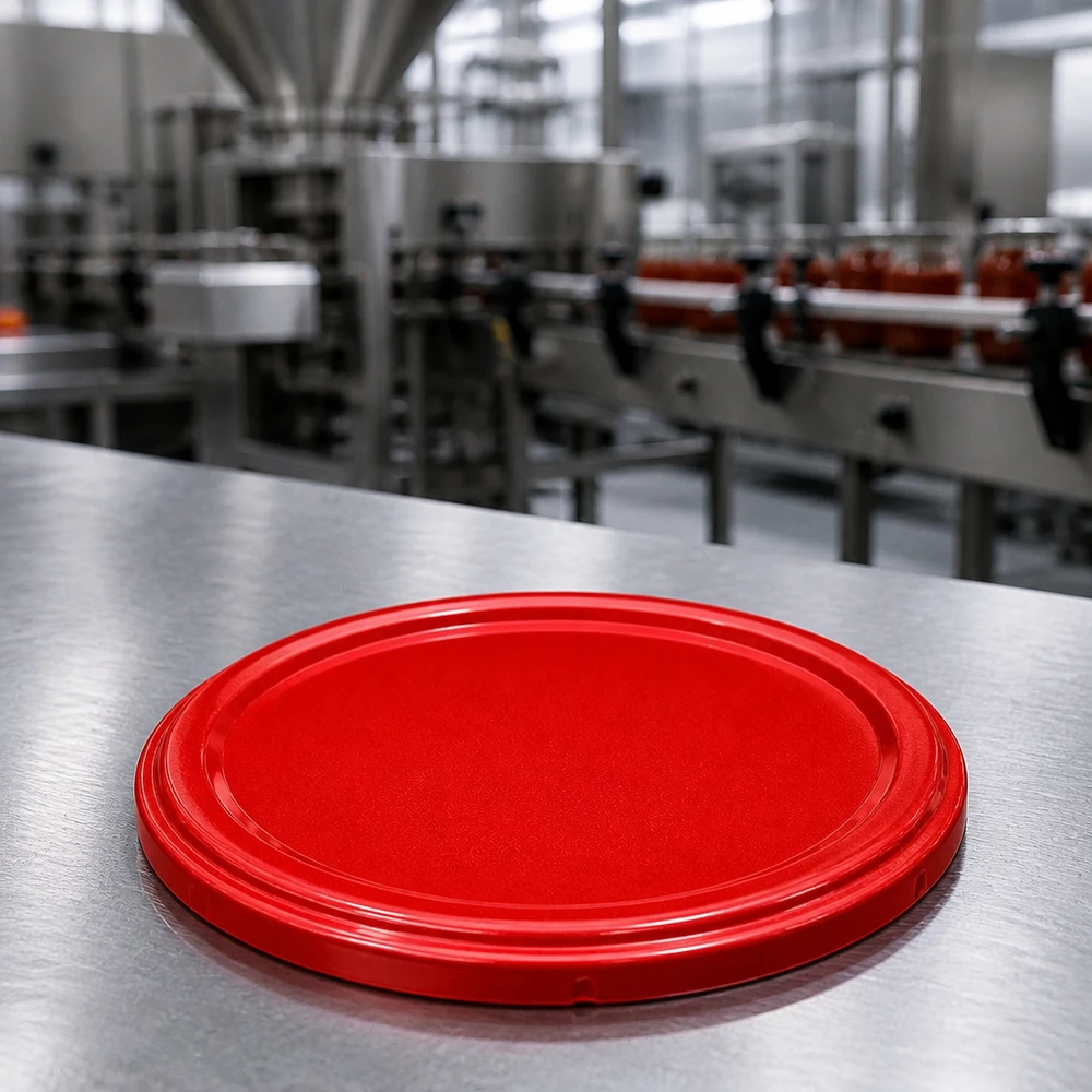 Couvercle TO82 BasicSeal de 82 mm, rouge, vue de dessus légèrement de profil, avec la production alimentaire en arrière-plan