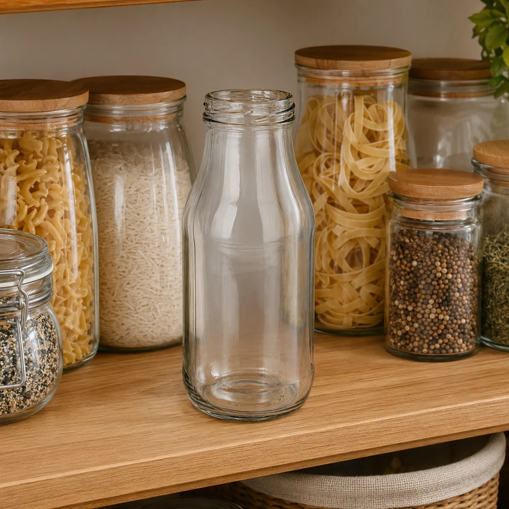 UNiTWIST Bottle263 Bouteille en verre 263ml TO43 vide transparente sur une étagère en bois à côté de bocaux à provisions avec pâtes et épices