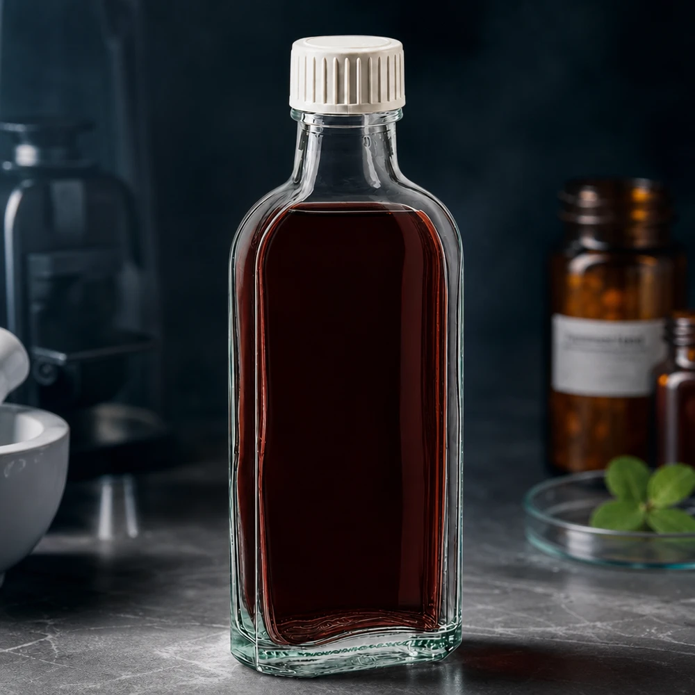 Petit flacon de pharmacie aplati en verre transparent avec bouchon à vis blanc, 100 ml