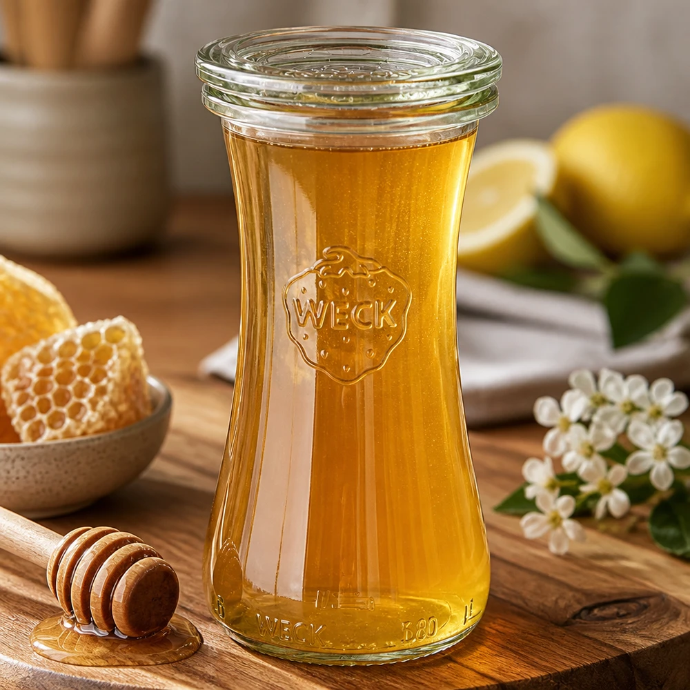 WECK Pot d'épicerie fine 100ml RR40 rempli de miel sur planche en bois avec cuillère à miel Nid d'abeille et décoration florale