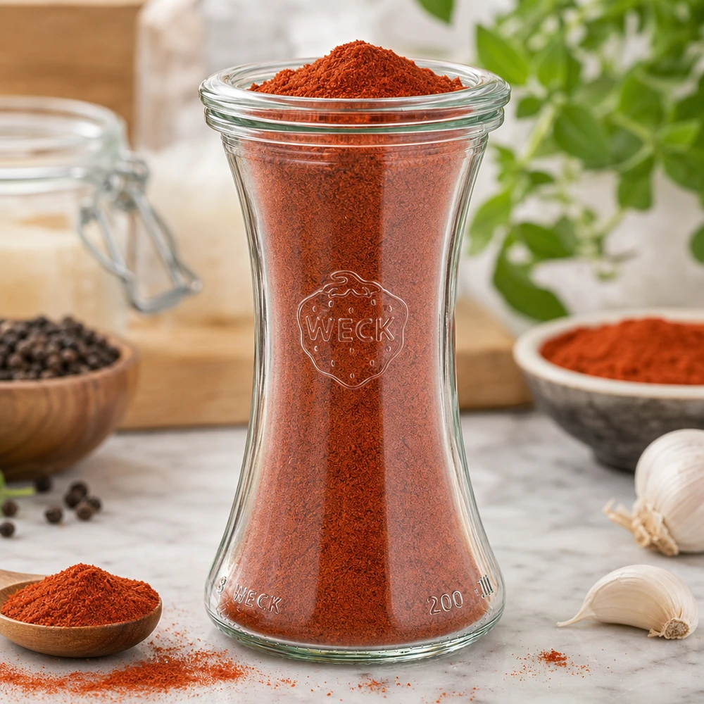 WECK Pot d'épicerie fine 200ml RR60 rempli de poudre de paprika rouge dans Cuisine d'épices avec ail et poivre en grains