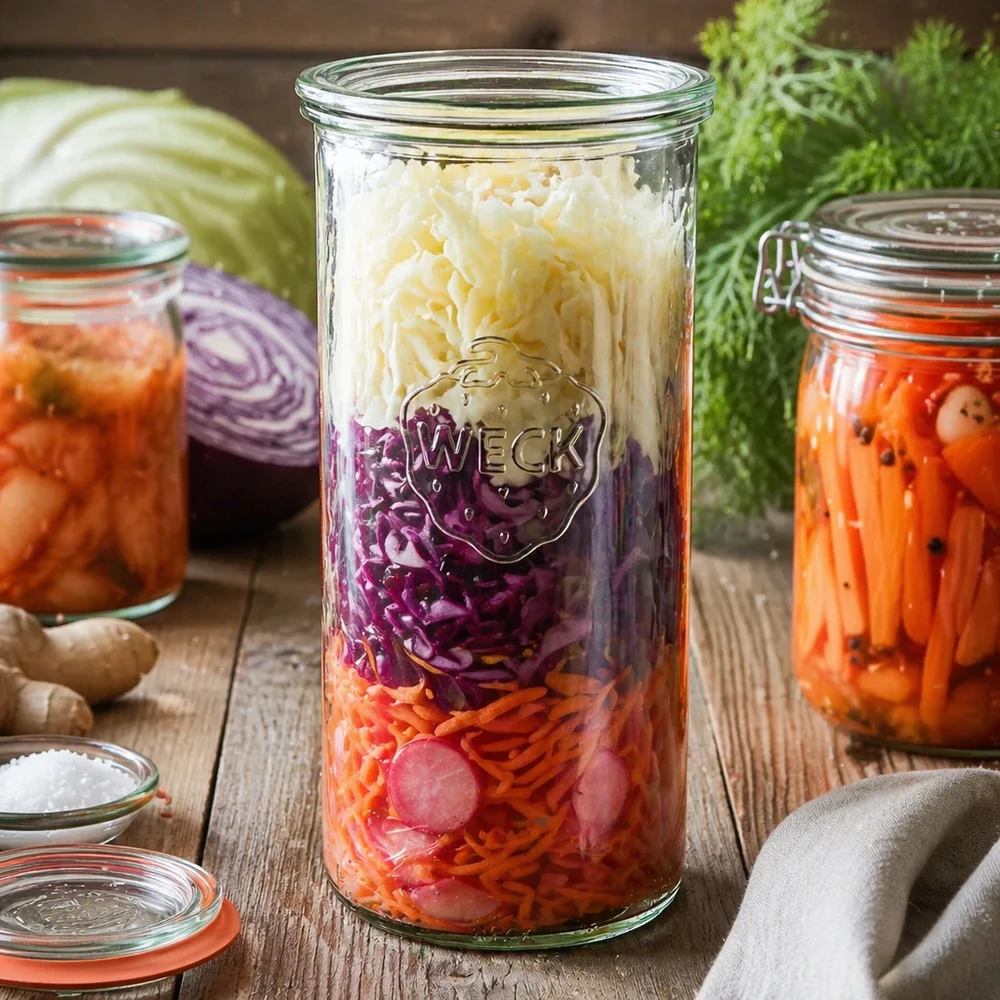 1500ml bocal conique avec bouchon en verre WECK RR100 WECK Pot de 1500ml RR100 avec légumes fermentés Choucroute sur table en bois parmi des ingrédients frais