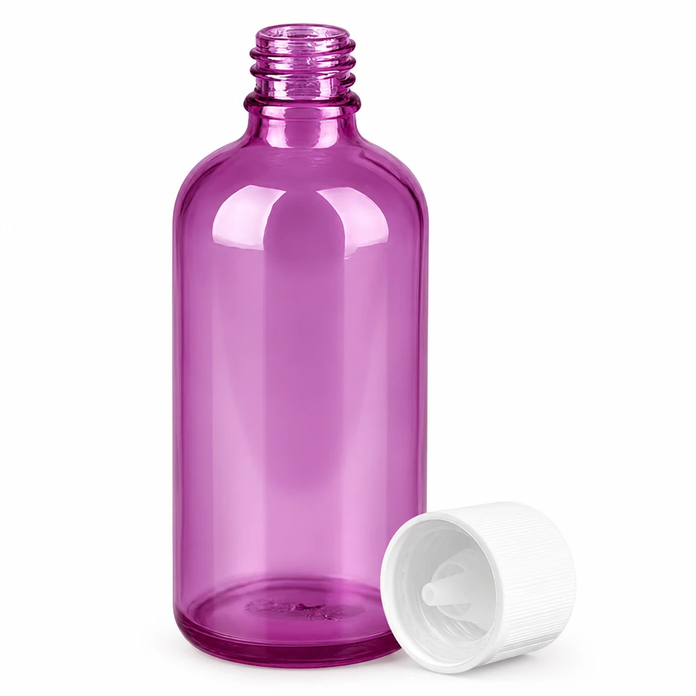 Flacon compte-gouttes 100ml 1,2mm blanc standard sécurité enfant PurpleLine. UT18/100 Flacon en verre Purple de 100ml avec bouchon compte-gouttes standard pour applications pharmaceutiques