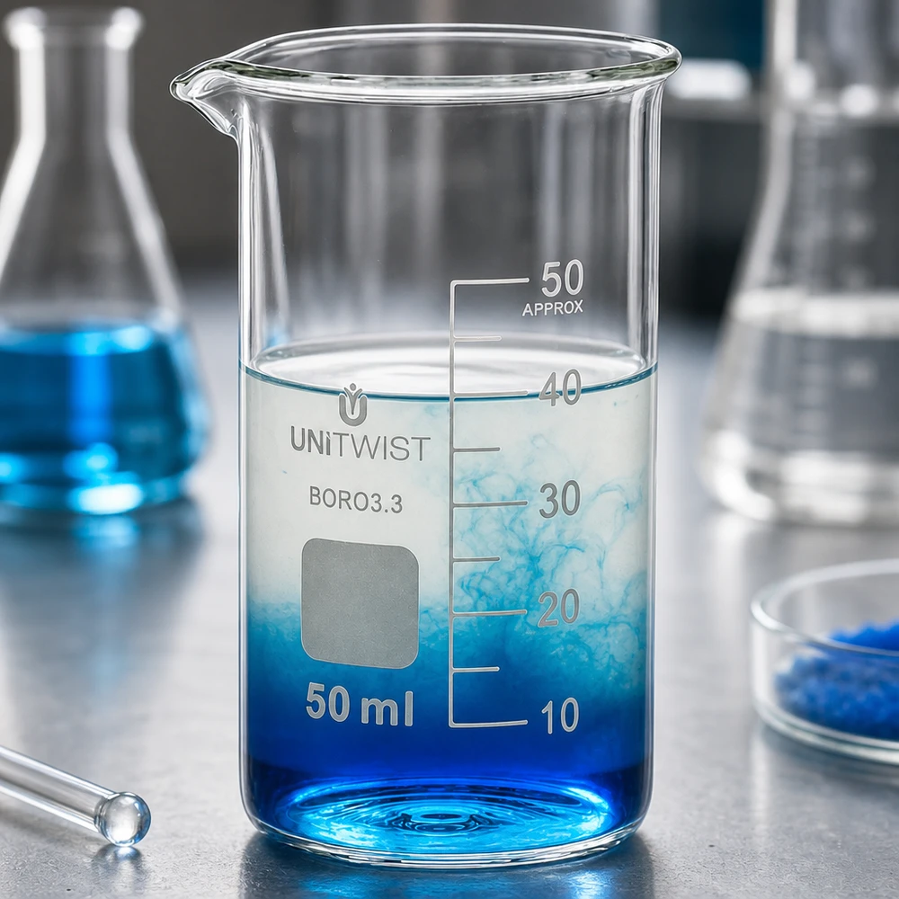 Verre borosilicaté 3.3, bécher de 50 ml UNITWIST avec zone d'inscription et échelle de précision