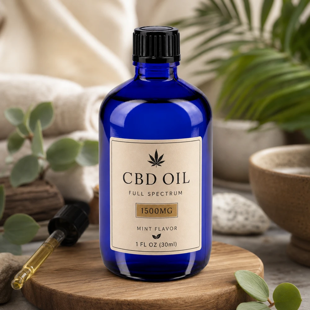Flacon de pharmacie STD bleu cobalt de 100 ml avec un bouchon noir, orné de plantes médicinales et de pierres