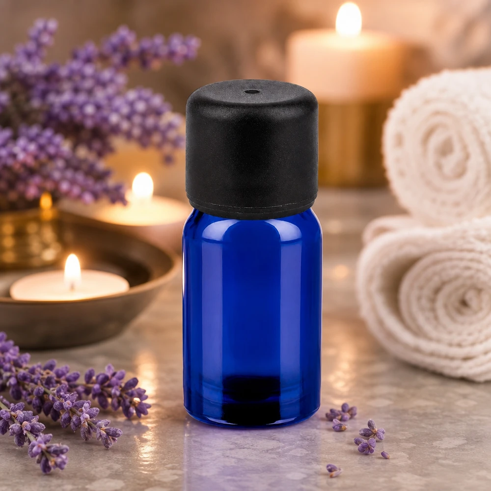Flacon de 5ml 6mm SV noir STD BlueLine UT18/5 Bouteille en verre bleu cobalt pratique de 5 ml avec bouchon noir pour l'aromathérapie mobile