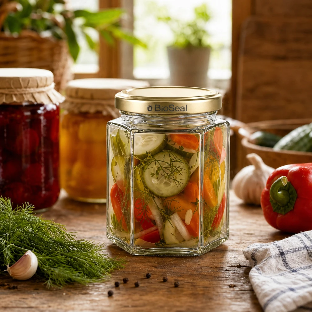250g pot de miel hexagonal rempli de légumes marinés BioSeal couvercle doré cuisine rustique aneth poivron concombre