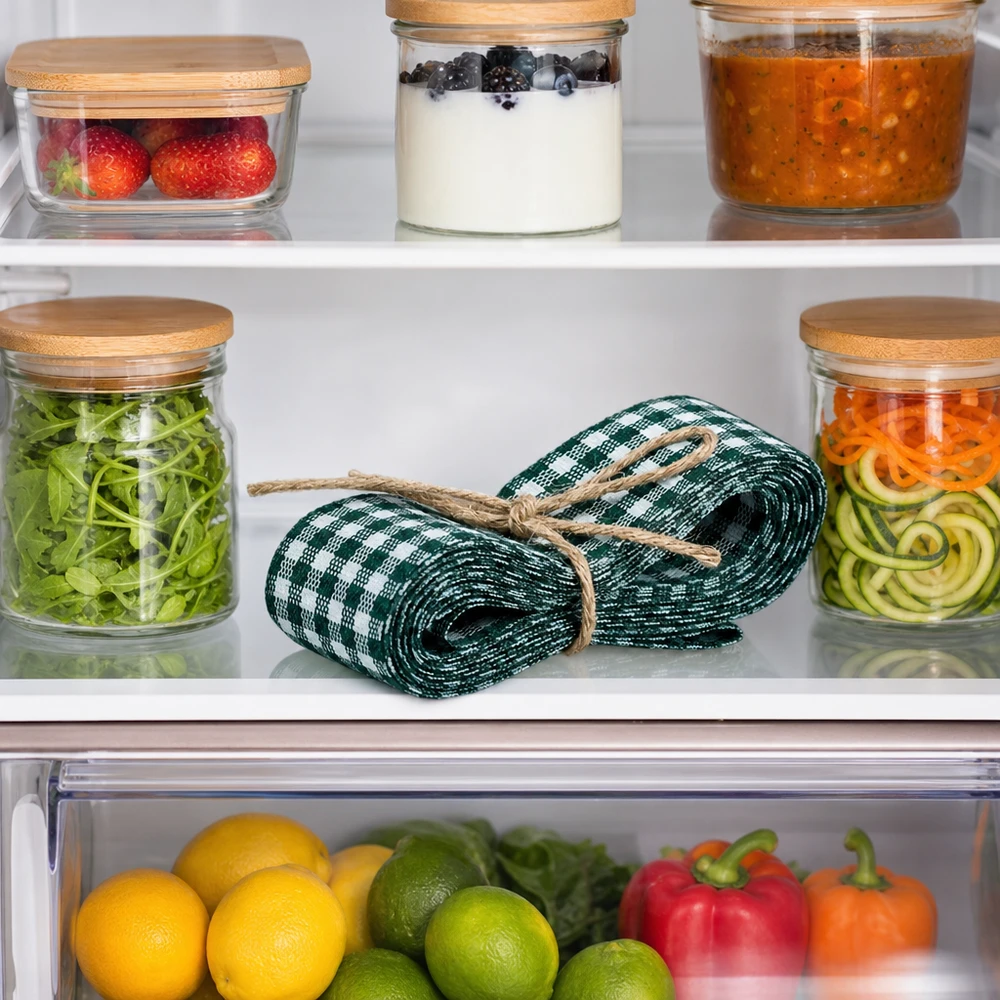 Ruban en tissu vert et blanc pour la décoration, 300 cm Grün-weißes Stoffband 300cm gerollt im Kühlschrank zwischen Vorratsgläsern und frischem Gemüse als Küchenorganisation